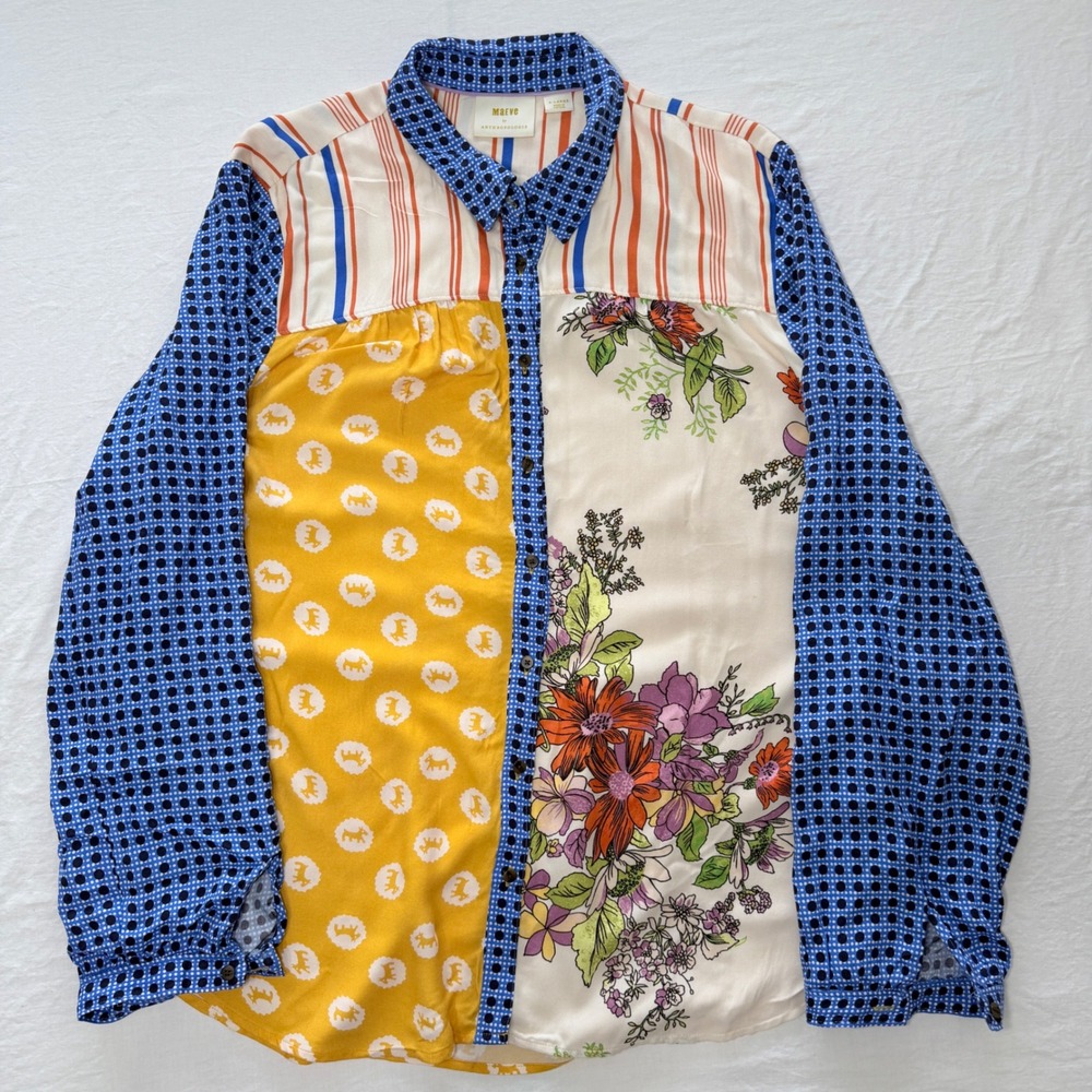Maeve Anthropologie Paz Womens XL Mixed Print Patchwork Button Down Blouse